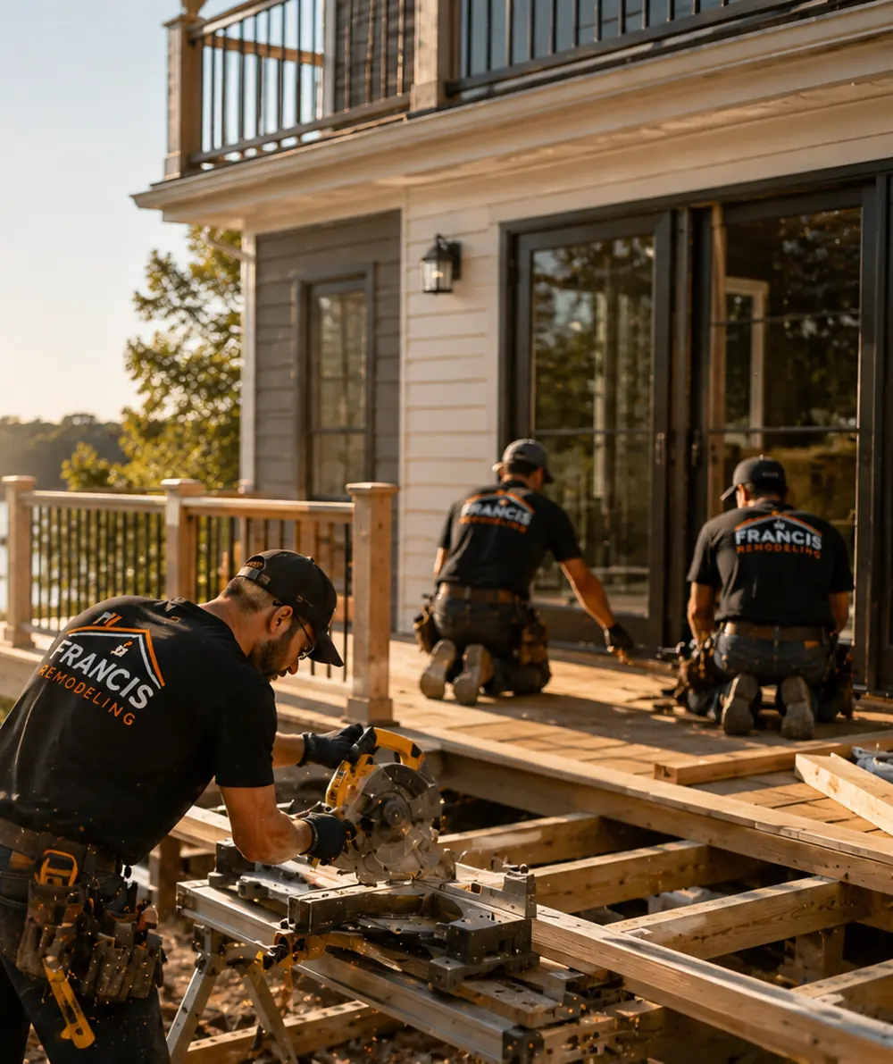 Francis Remodeling crew building a lakeside deck