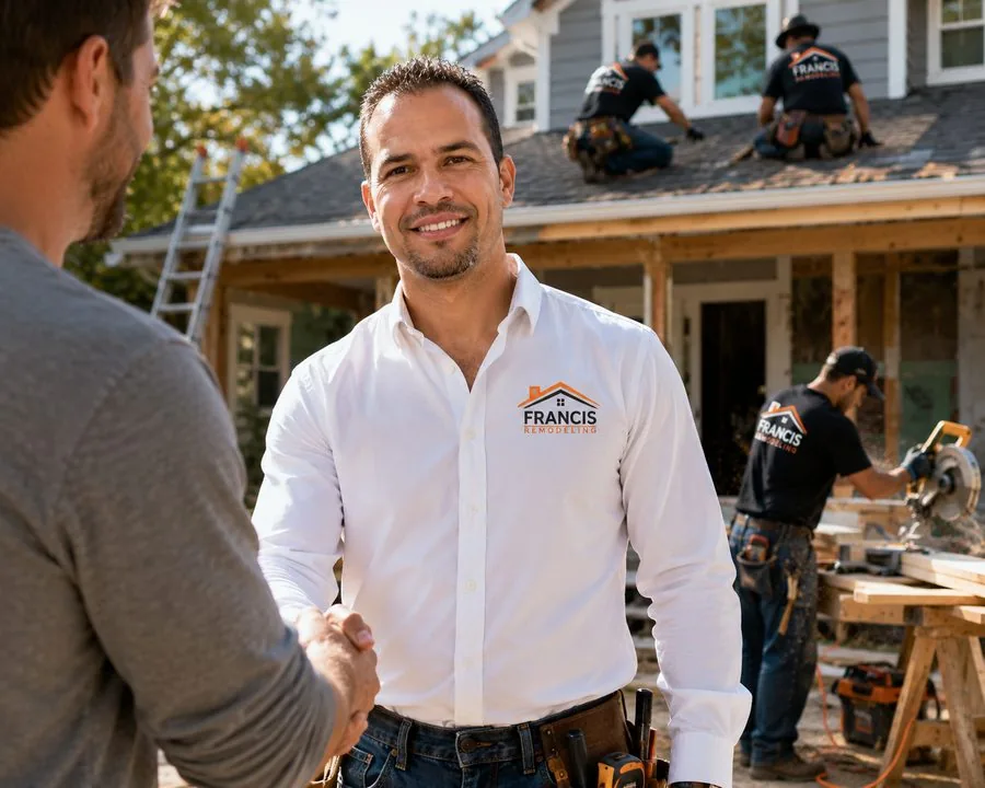 Francis of Francis Remodeling shaking hands with a homeowner while his crew works on the house