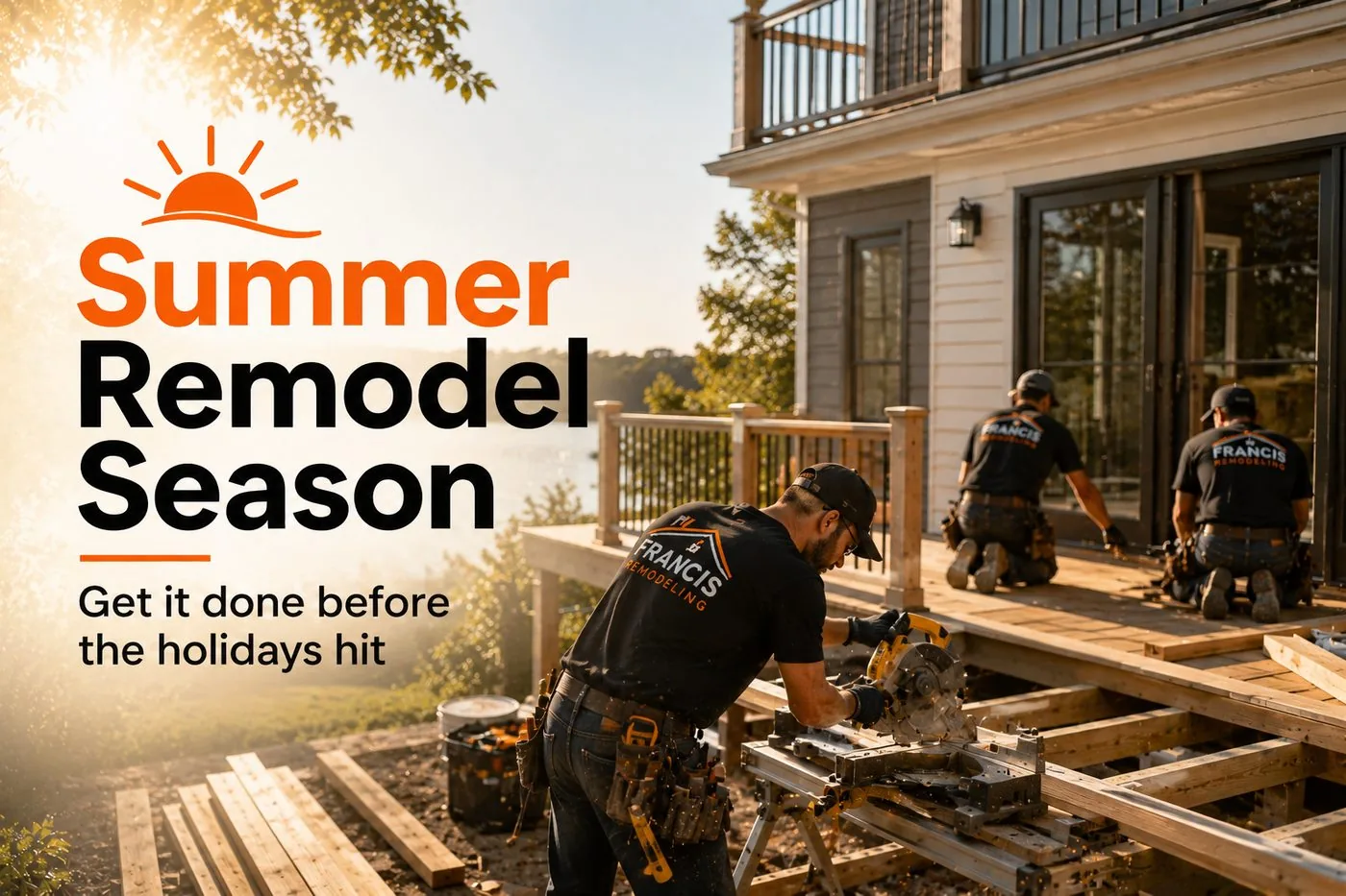Summer Remodel Season. Get it done before the holidays hit. Francis Remodeling crew building a lakeside deck.