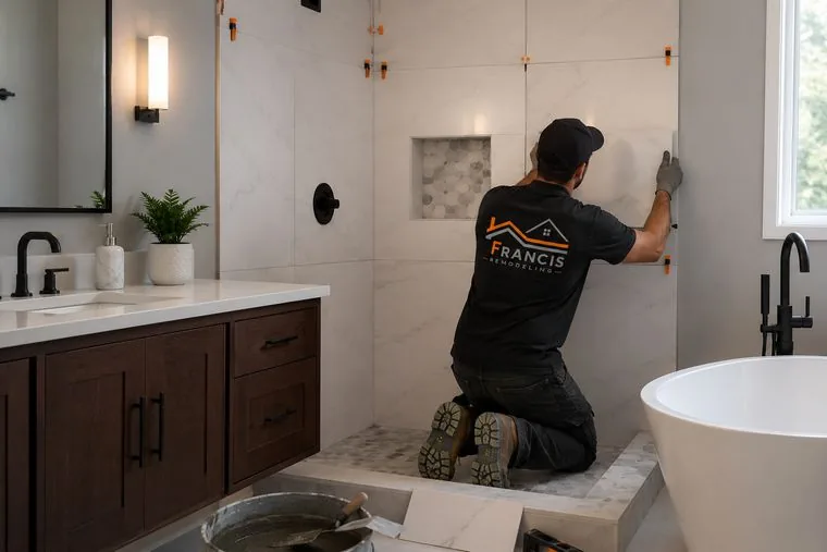 Francis Remodeling installing tile in a bathroom remodel