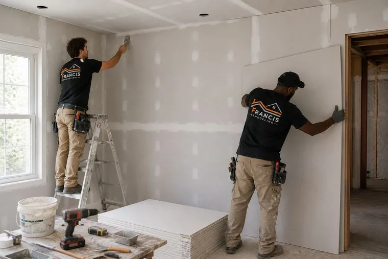 Francis Remodeling crew hanging and finishing drywall