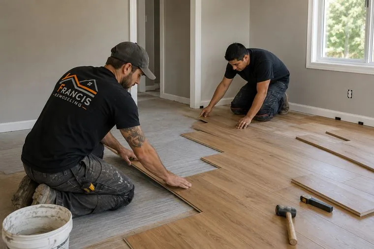 Francis Remodeling crew installing laminate flooring