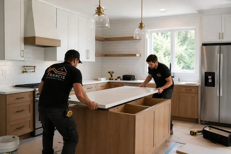 Francis Remodeling crew setting a kitchen island countertop